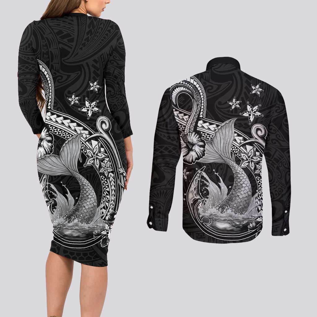 Hawaii Mermaid Monotone Couples Matching Long Sleeve Bodycon Dress and Long Sleeve Button Shirt Polynesian Pattern Fish Hook