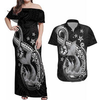 Hawaii Mermaid Monotone Couples Matching Off Shoulder Maxi Dress and Hawaiian Shirt Polynesian Pattern Fish Hook LT01 Black - Polynesian Pride