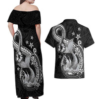 Hawaii Mermaid Monotone Couples Matching Off Shoulder Maxi Dress and Hawaiian Shirt Polynesian Pattern Fish Hook LT01 - Polynesian Pride