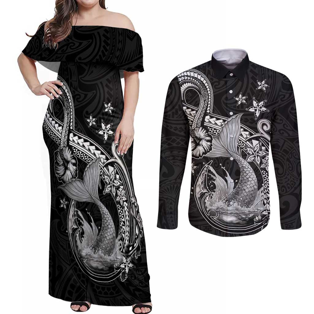 Hawaii Mermaid Monotone Couples Matching Off Shoulder Maxi Dress and Long Sleeve Button Shirt Polynesian Pattern Fish Hook