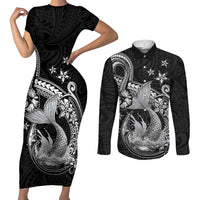 Hawaii Mermaid Monotone Couples Matching Short Sleeve Bodycon Dress and Long Sleeve Button Shirt Polynesian Pattern Fish Hook