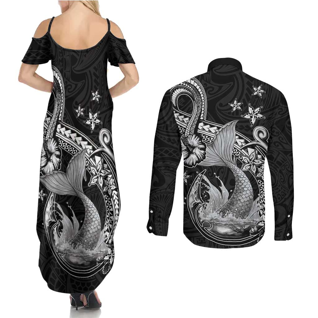 Hawaii Mermaid Monotone Couples Matching Summer Maxi Dress and Long Sleeve Button Shirt Polynesian Pattern Fish Hook