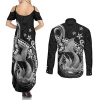 Hawaii Mermaid Monotone Couples Matching Summer Maxi Dress and Long Sleeve Button Shirt Polynesian Pattern Fish Hook