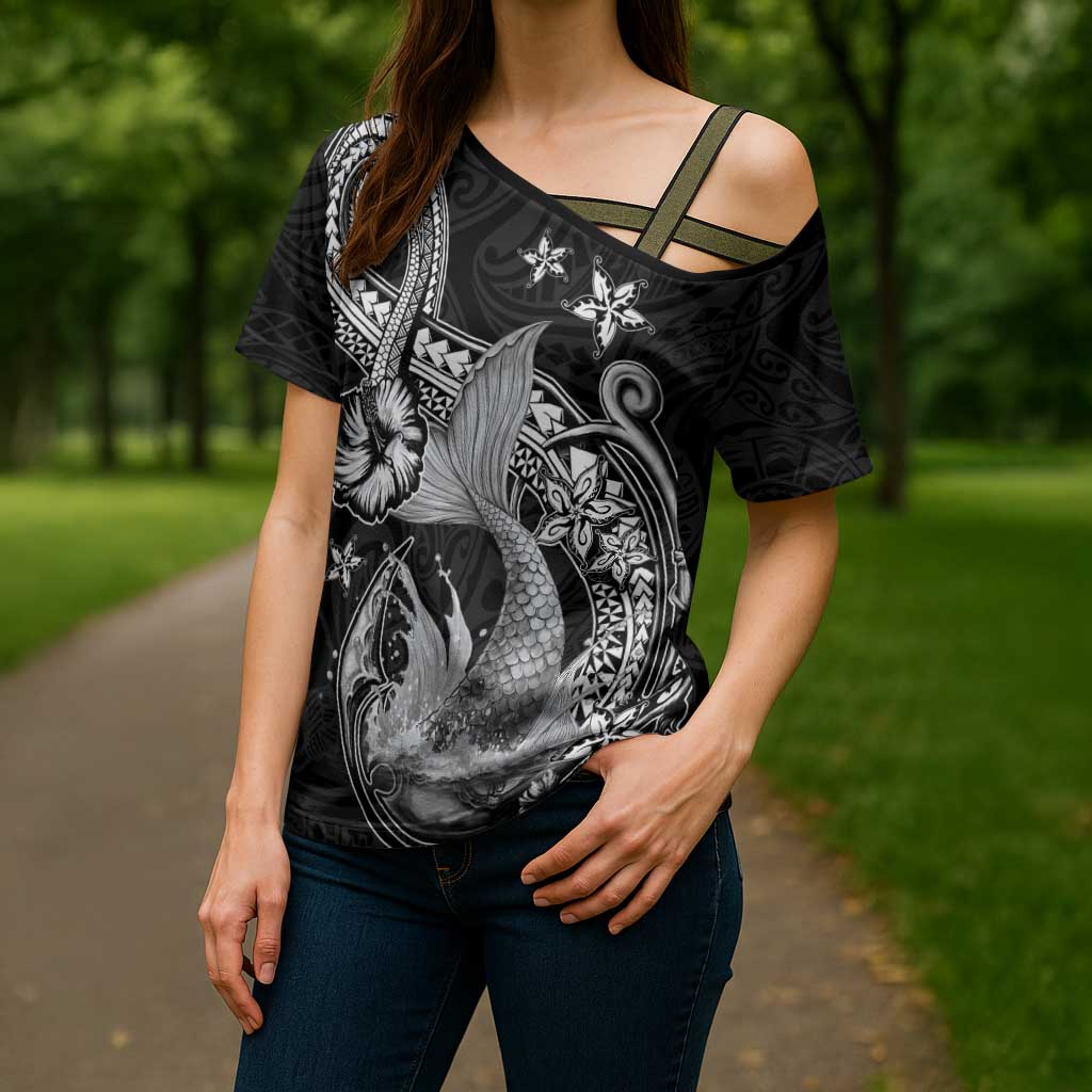 Hawaii Mermaid Monotone Cross Shoulder Shirt Polynesian Pattern Fish Hook