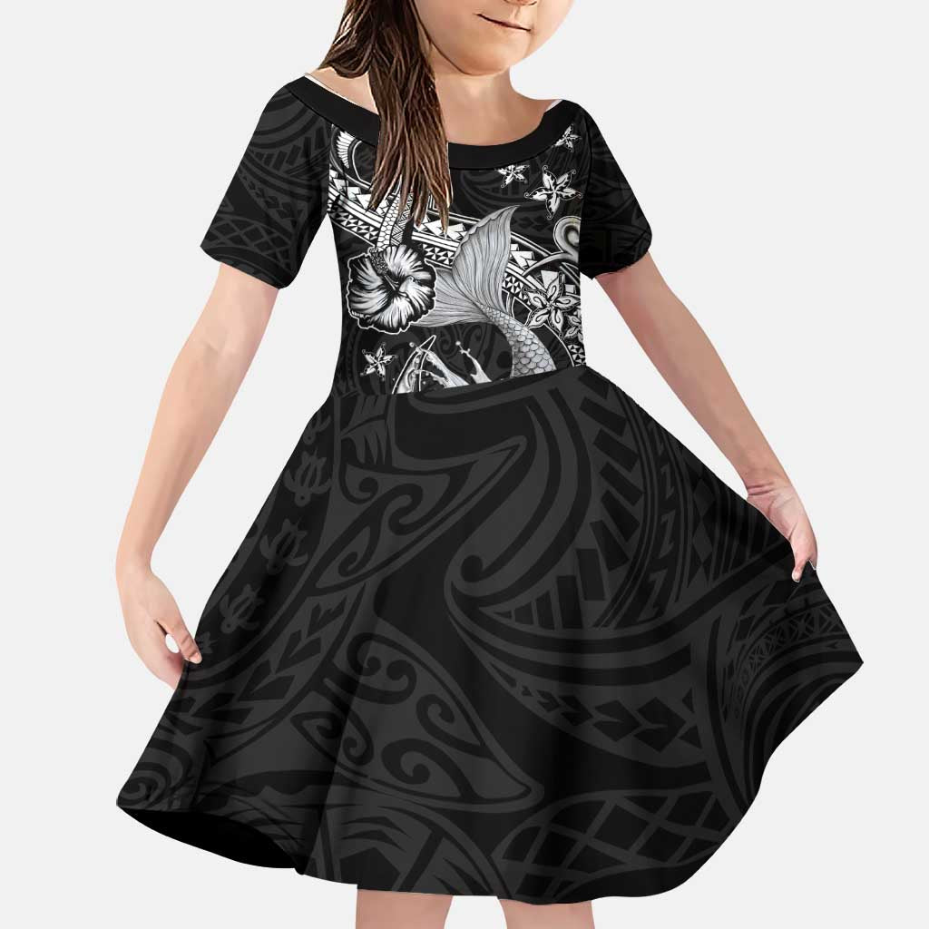 Hawaii Mermaid Monotone Family Matching Long Sleeve Bodycon Dress and Hawaiian Shirt Polynesian Pattern Fish Hook LT01 Daughter's Dress Black - Polynesian Pride