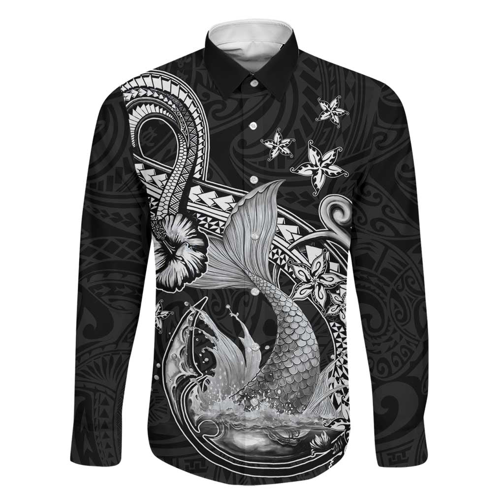 Hawaii Mermaid Monotone Family Matching Long Sleeve Bodycon Dress and Hawaiian Shirt Polynesian Pattern Fish Hook LT01 Dad's Shirt - Long Sleeve Black - Polynesian Pride