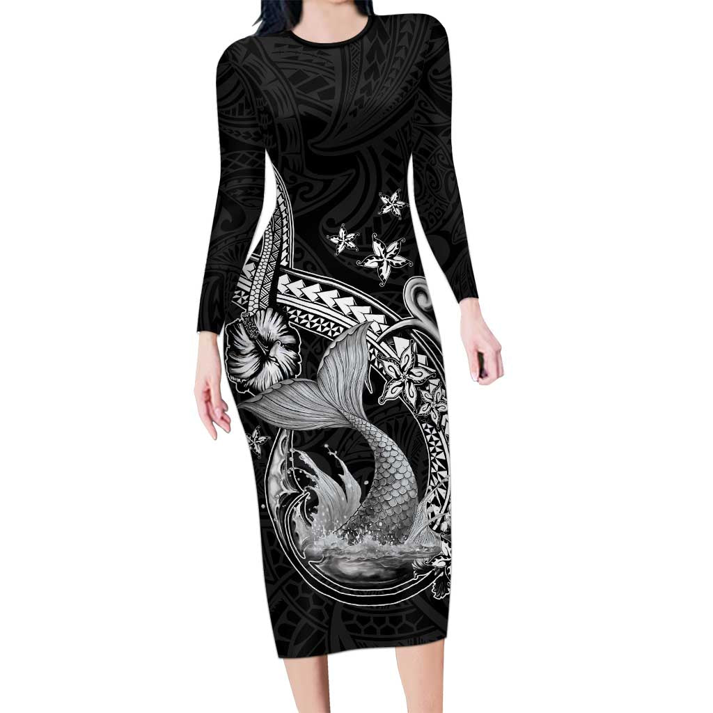 Hawaii Mermaid Monotone Family Matching Long Sleeve Bodycon Dress and Hawaiian Shirt Polynesian Pattern Fish Hook LT01 Mom's Dress Black - Polynesian Pride