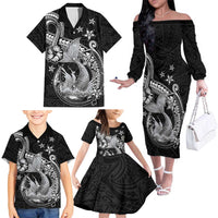 Hawaii Mermaid Monotone Family Matching Off The Shoulder Long Sleeve Dress and Hawaiian Shirt Polynesian Pattern Fish Hook LT01 - Polynesian Pride