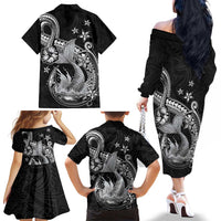 Hawaii Mermaid Monotone Family Matching Off The Shoulder Long Sleeve Dress and Hawaiian Shirt Polynesian Pattern Fish Hook LT01 - Polynesian Pride