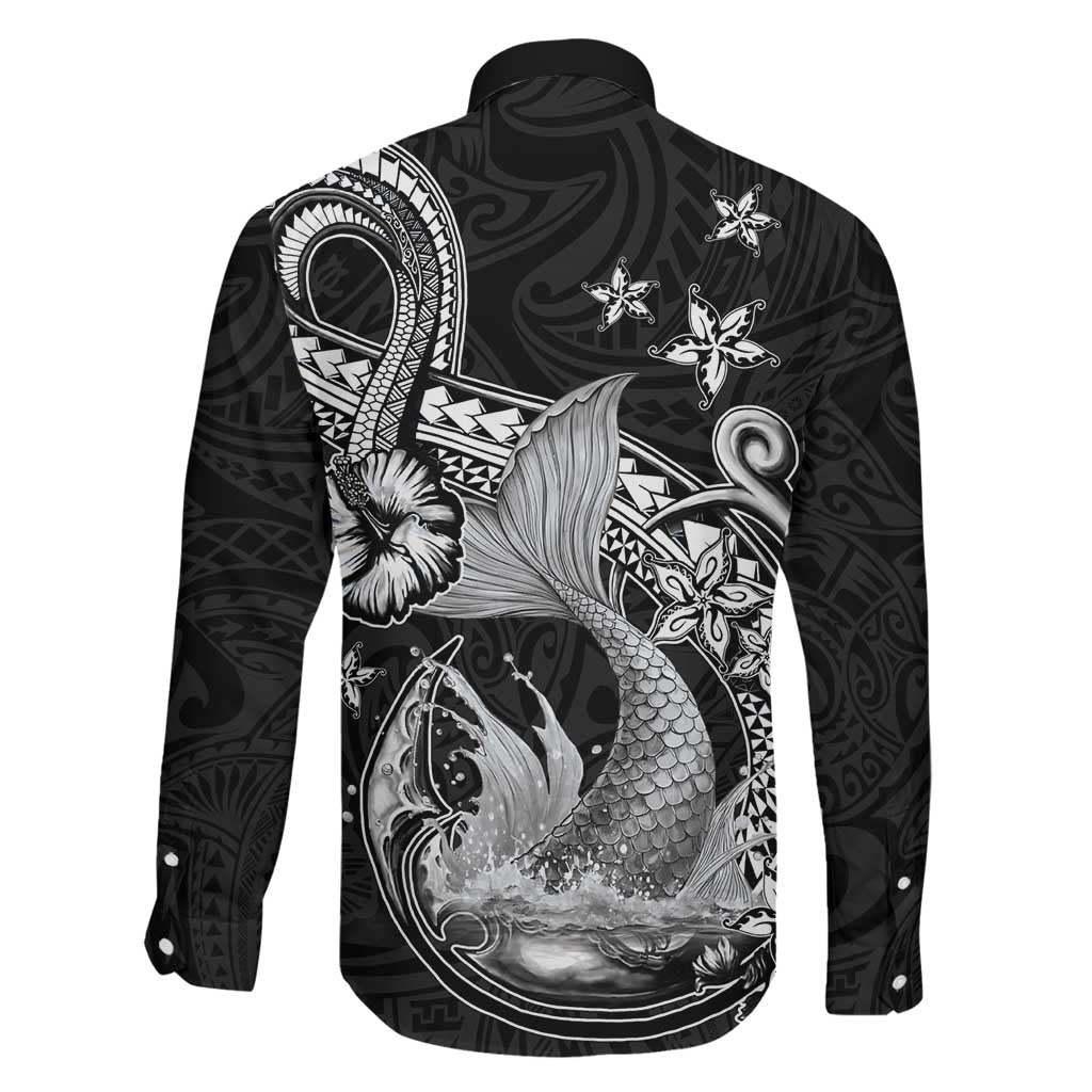 Hawaii Mermaid Monotone Family Matching Off The Shoulder Long Sleeve Dress and Hawaiian Shirt Polynesian Pattern Fish Hook LT01 - Polynesian Pride