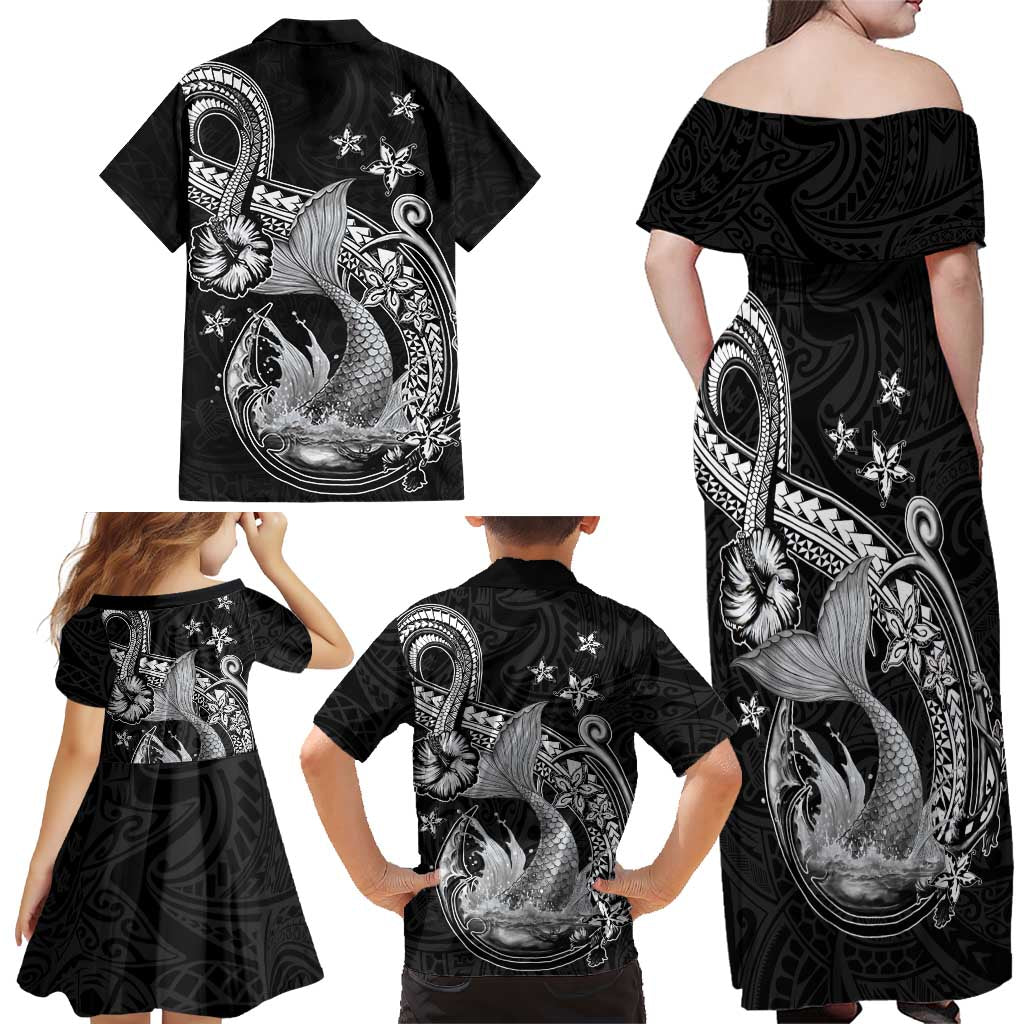 Hawaii Mermaid Monotone Family Matching Off Shoulder Maxi Dress and Hawaiian Shirt Polynesian Pattern Fish Hook