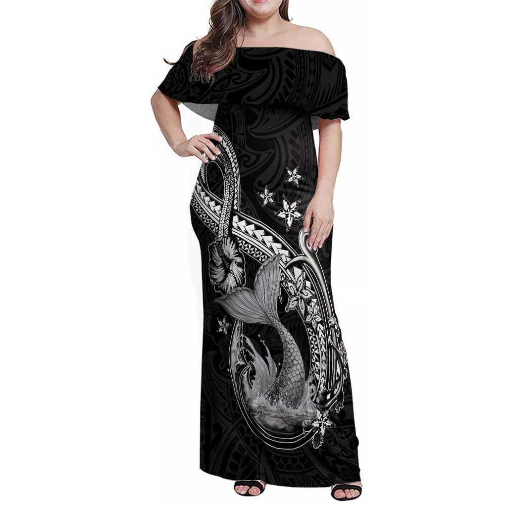 Hawaii Mermaid Monotone Family Matching Off Shoulder Maxi Dress and Hawaiian Shirt Polynesian Pattern Fish Hook