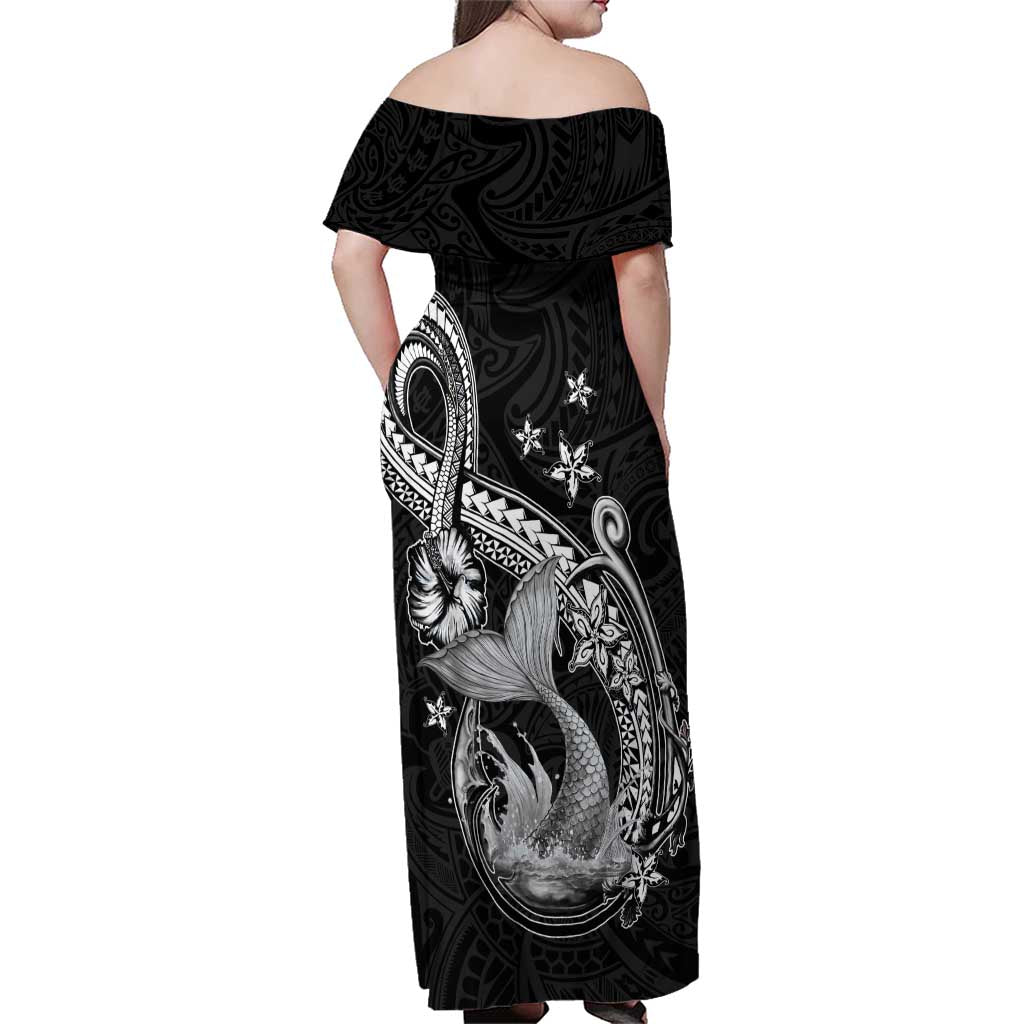 Hawaii Mermaid Monotone Family Matching Off Shoulder Maxi Dress and Hawaiian Shirt Polynesian Pattern Fish Hook