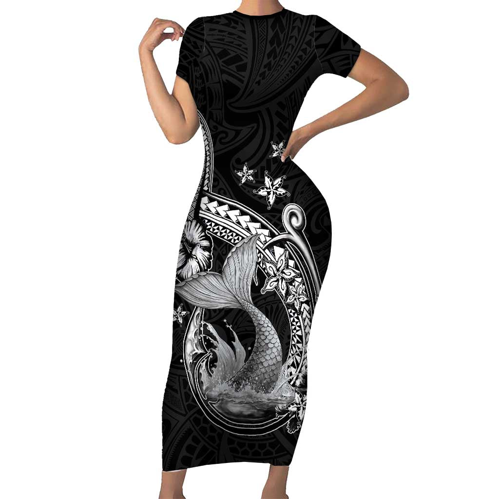 Hawaii Mermaid Monotone Family Matching Short Sleeve Bodycon Dress and Hawaiian Shirt Polynesian Pattern Fish Hook LT01 Mom's Dress Black - Polynesian Pride