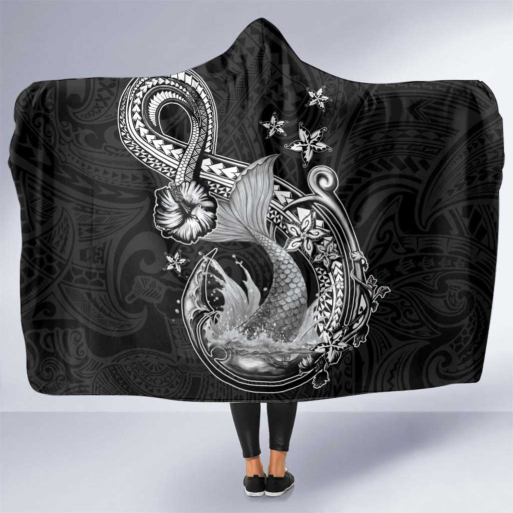 Hawaii Mermaid Monotone Hooded Blanket Polynesian Pattern Fish Hook