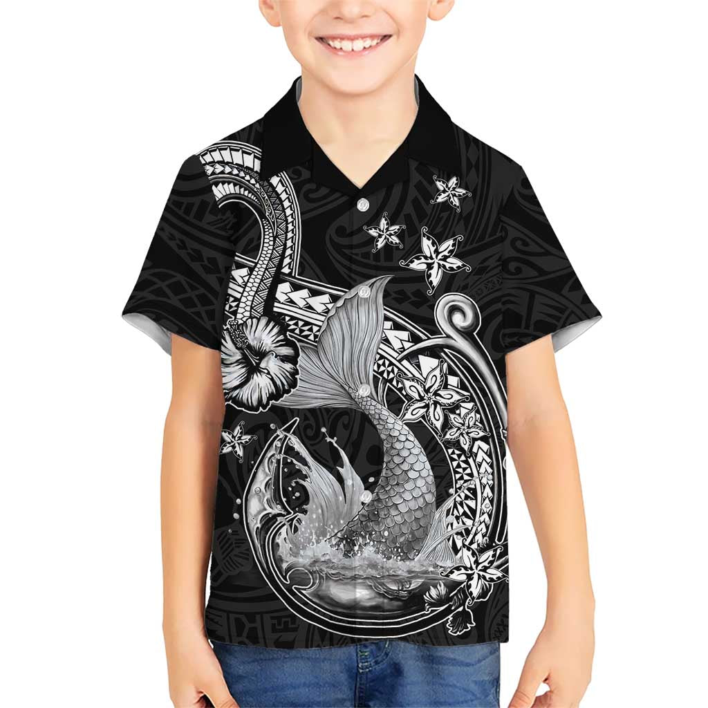 Hawaii Mermaid Monotone Kid Hawaiian Shirt Polynesian Pattern Fish Hook LT01 Kid Black - Polynesian Pride