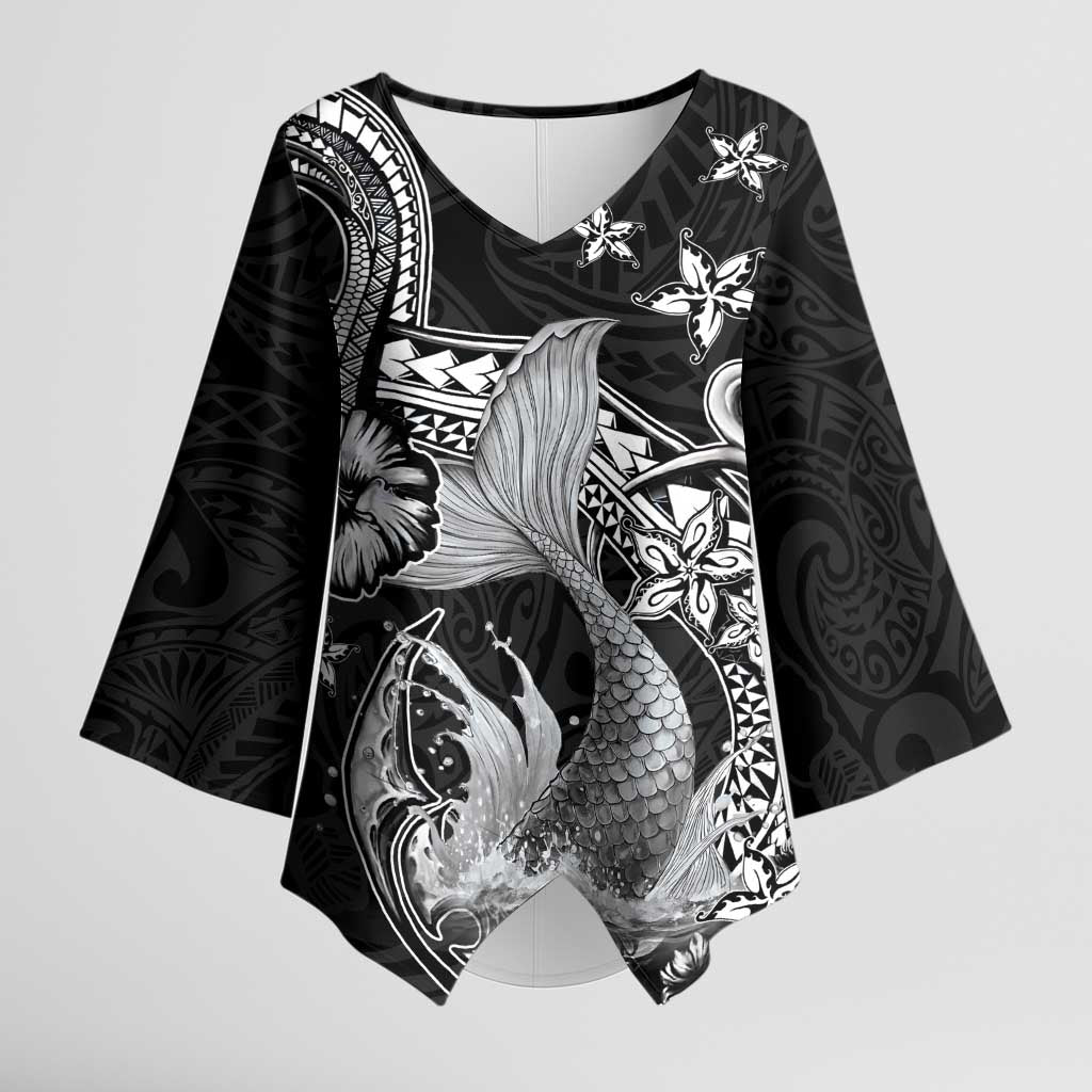 Hawaii Mermaid Monotone Kimono Sleeve Blouse Polynesian Pattern Fish Hook