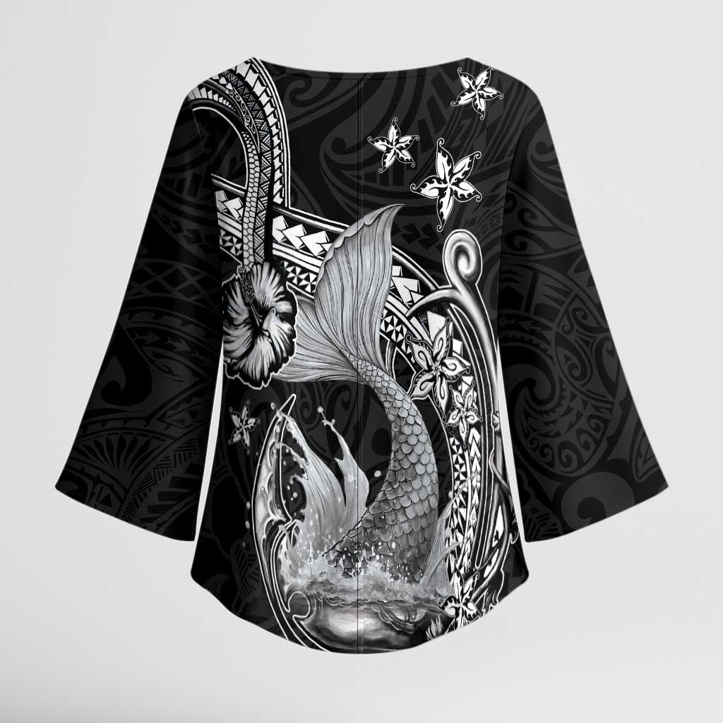 Hawaii Mermaid Monotone Kimono Sleeve Blouse Polynesian Pattern Fish Hook