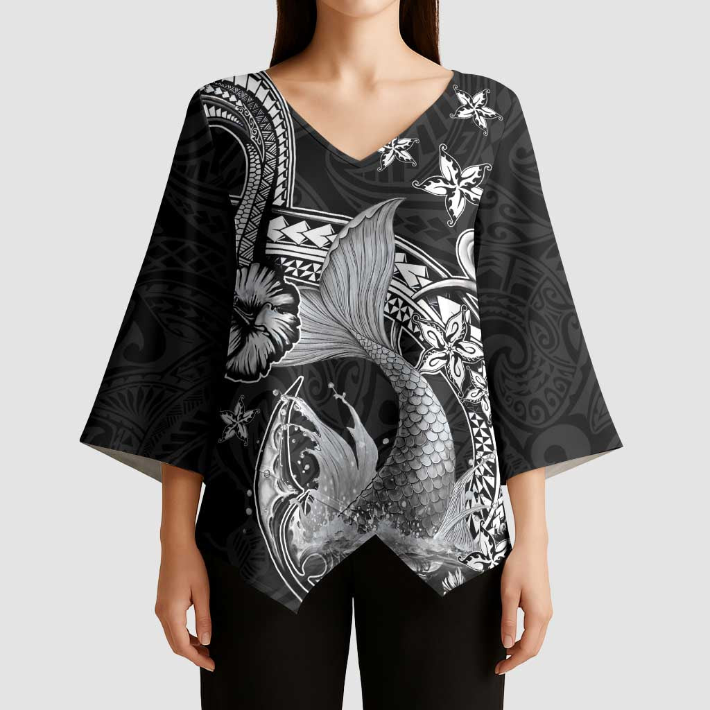 Hawaii Mermaid Monotone Kimono Sleeve Blouse Polynesian Pattern Fish Hook