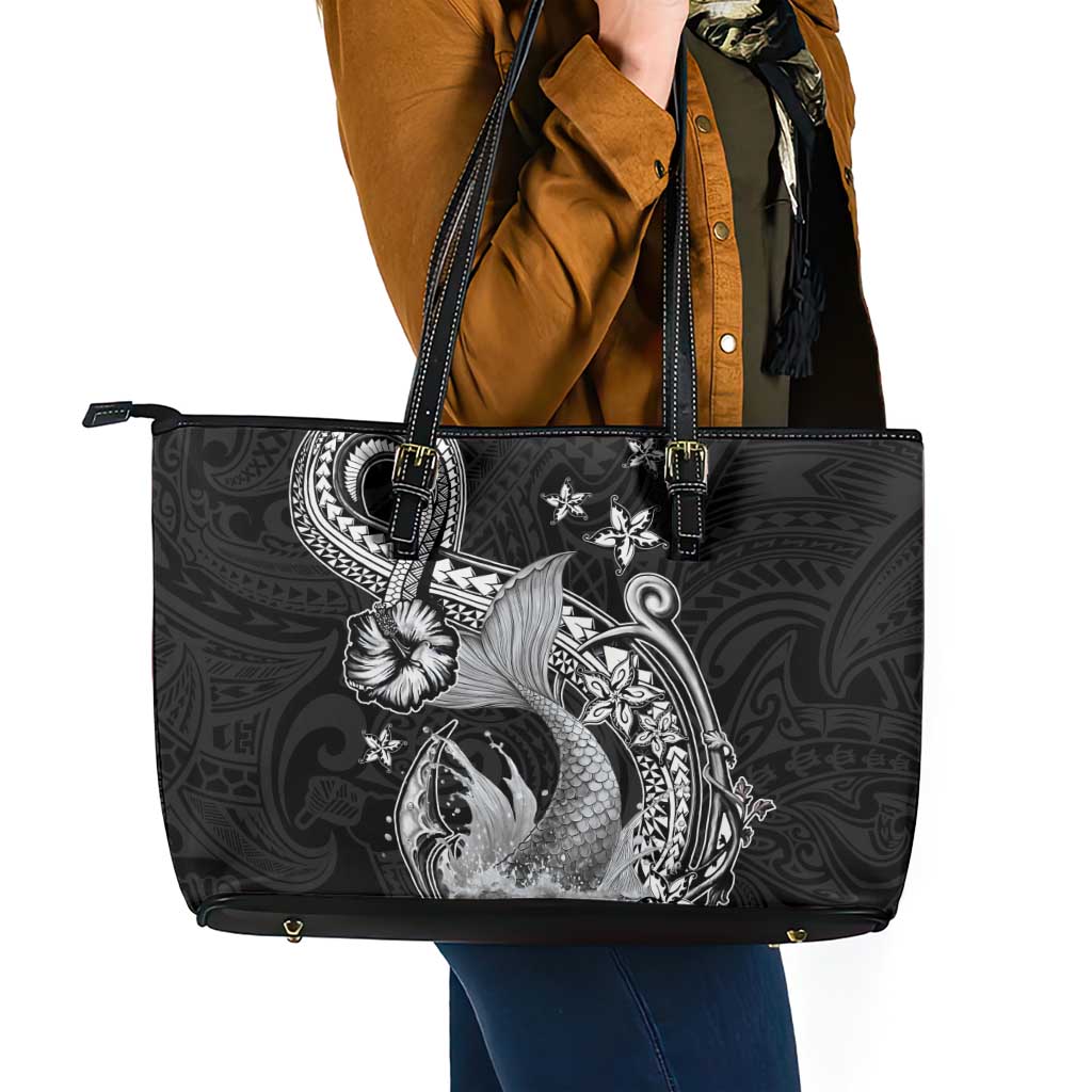 Hawaii Mermaid Monotone Leather Tote Bag Polynesian Pattern Fish Hook