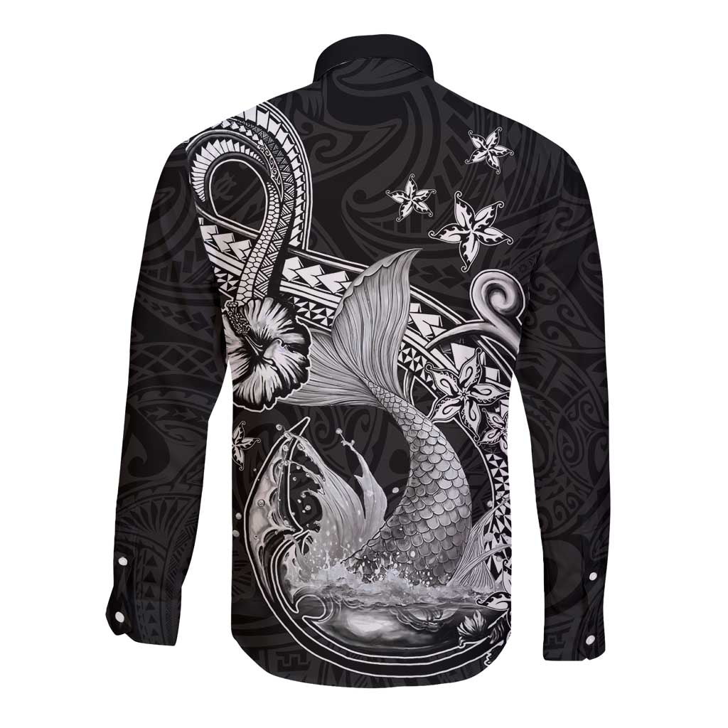 Hawaii Mermaid Monotone Long Sleeve Button Shirt Polynesian Pattern Fish Hook