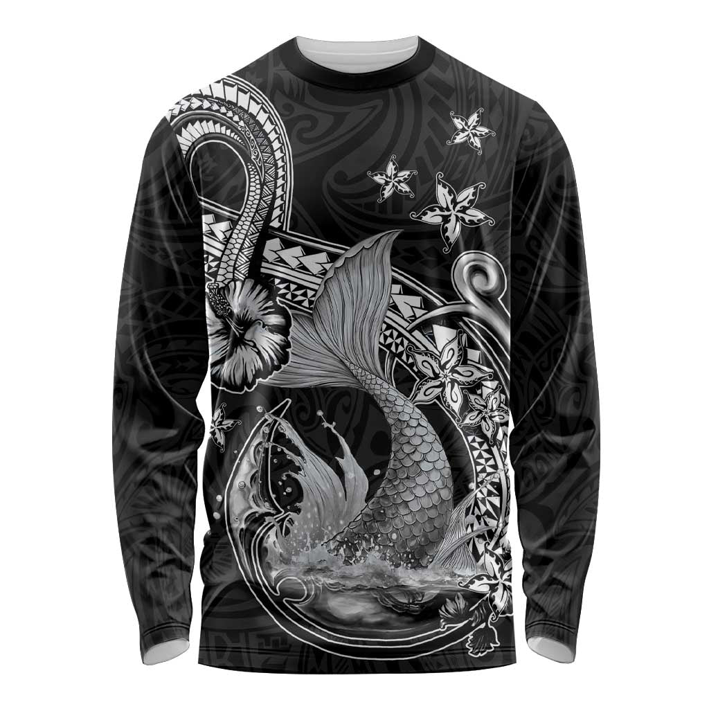 Hawaii Mermaid Monotone Long Sleeve Shirt Polynesian Pattern Fish Hook