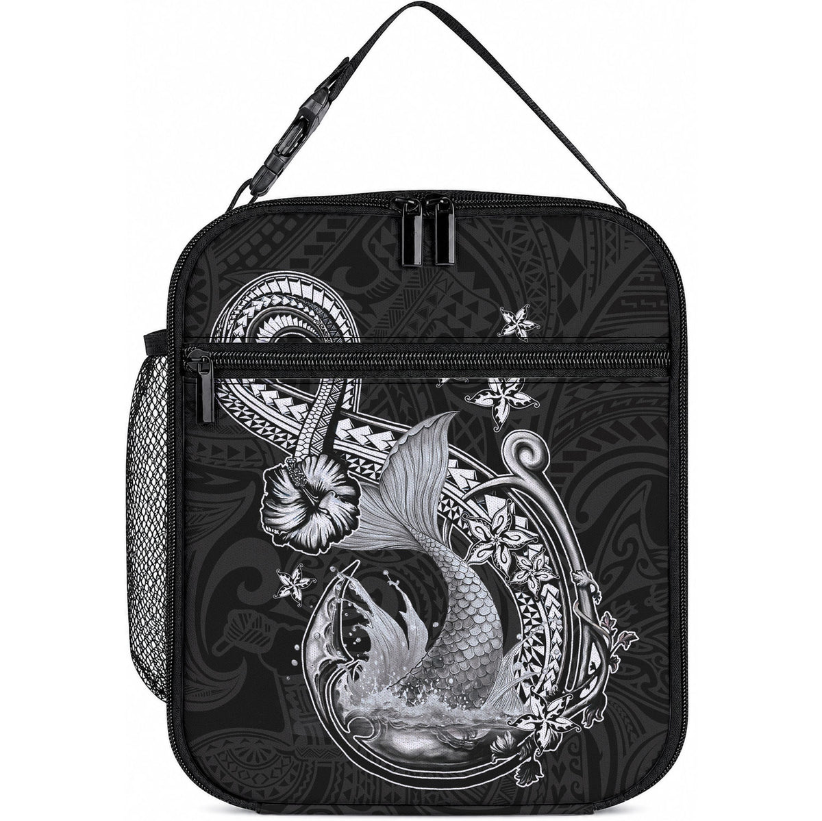 Hawaii Mermaid Monotone Lunch Bag Polynesian Pattern Fish Hook LT01 10.2 × 8.3 × 4.3 inch Black - Polynesian Pride