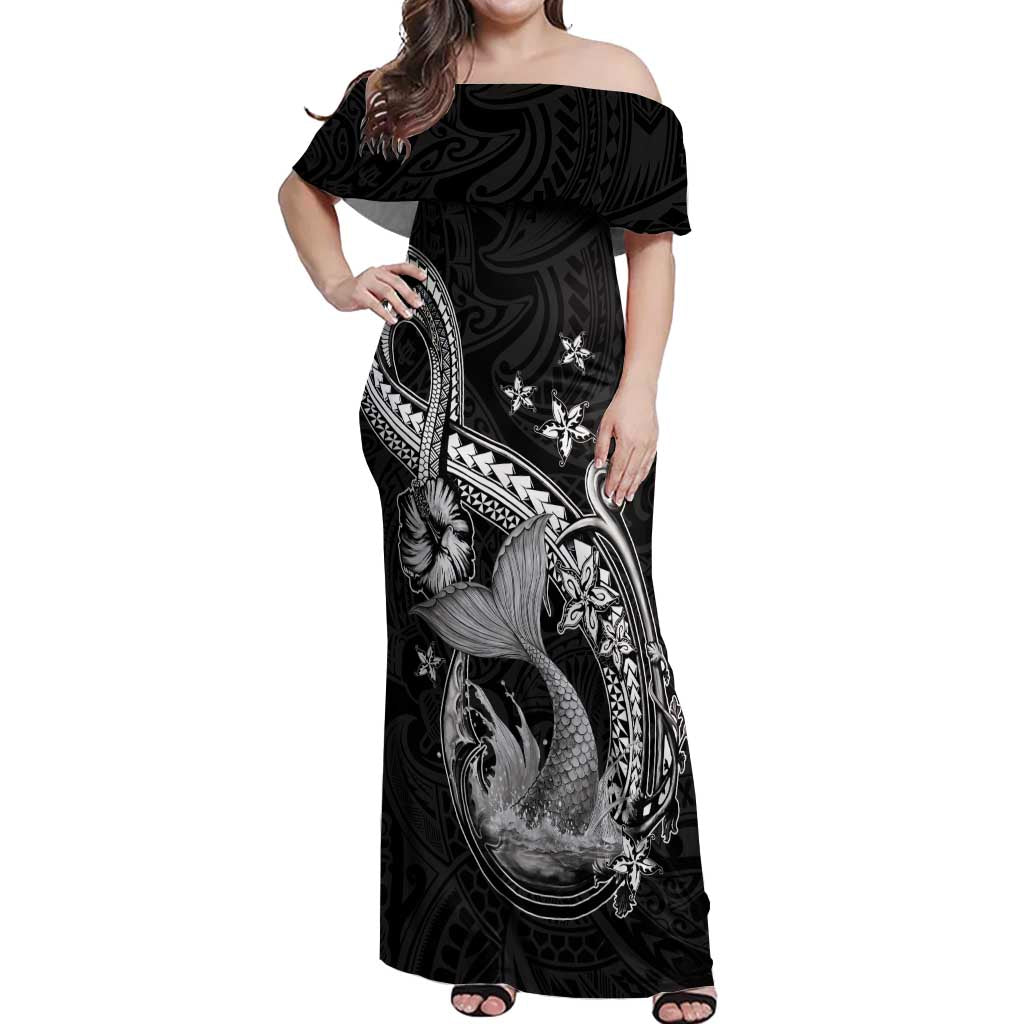 Hawaii Mermaid Monotone Off Shoulder Maxi Dress Polynesian Pattern Fish Hook LT01 Women Black - Polynesian Pride