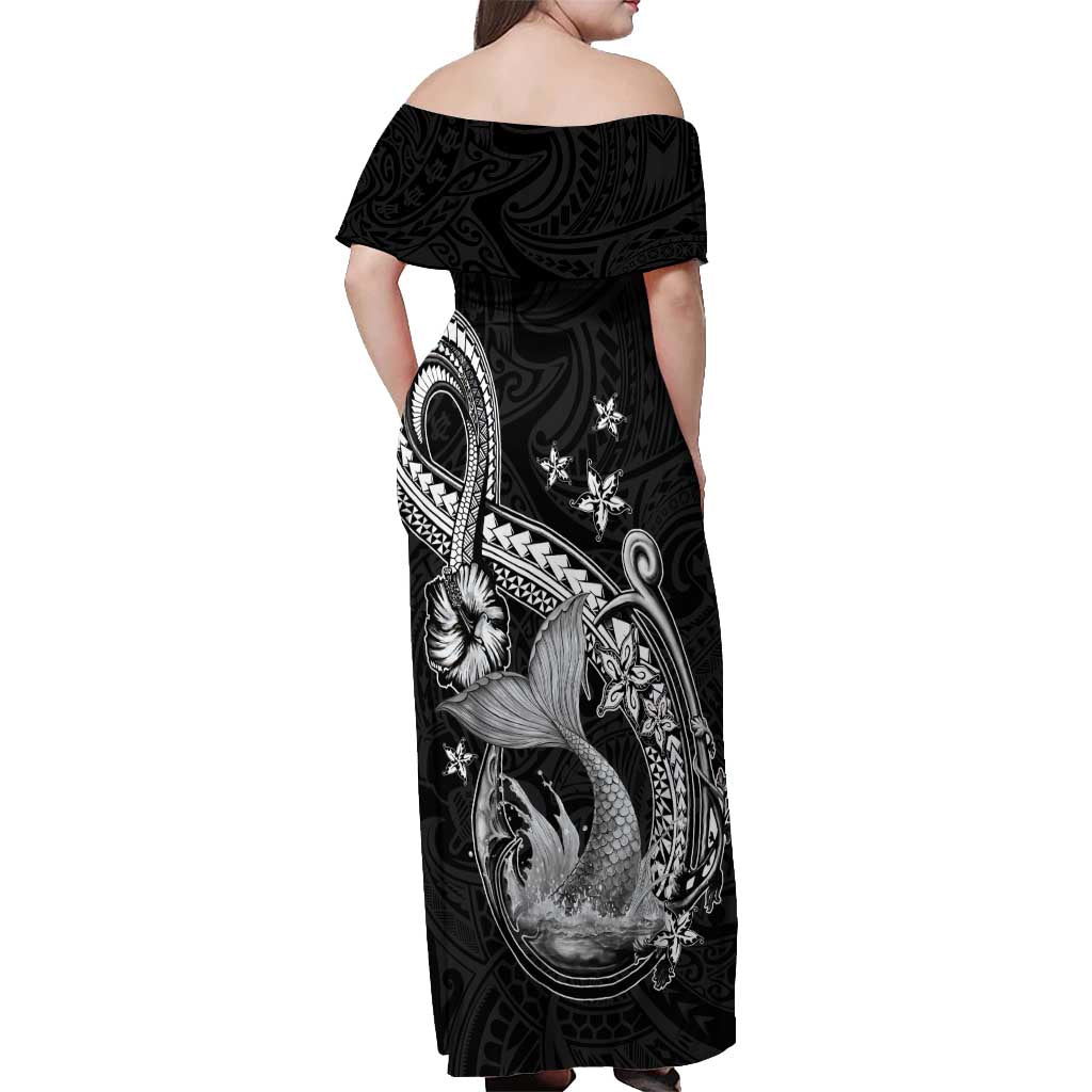 Hawaii Mermaid Monotone Off Shoulder Maxi Dress Polynesian Pattern Fish Hook LT01 - Polynesian Pride