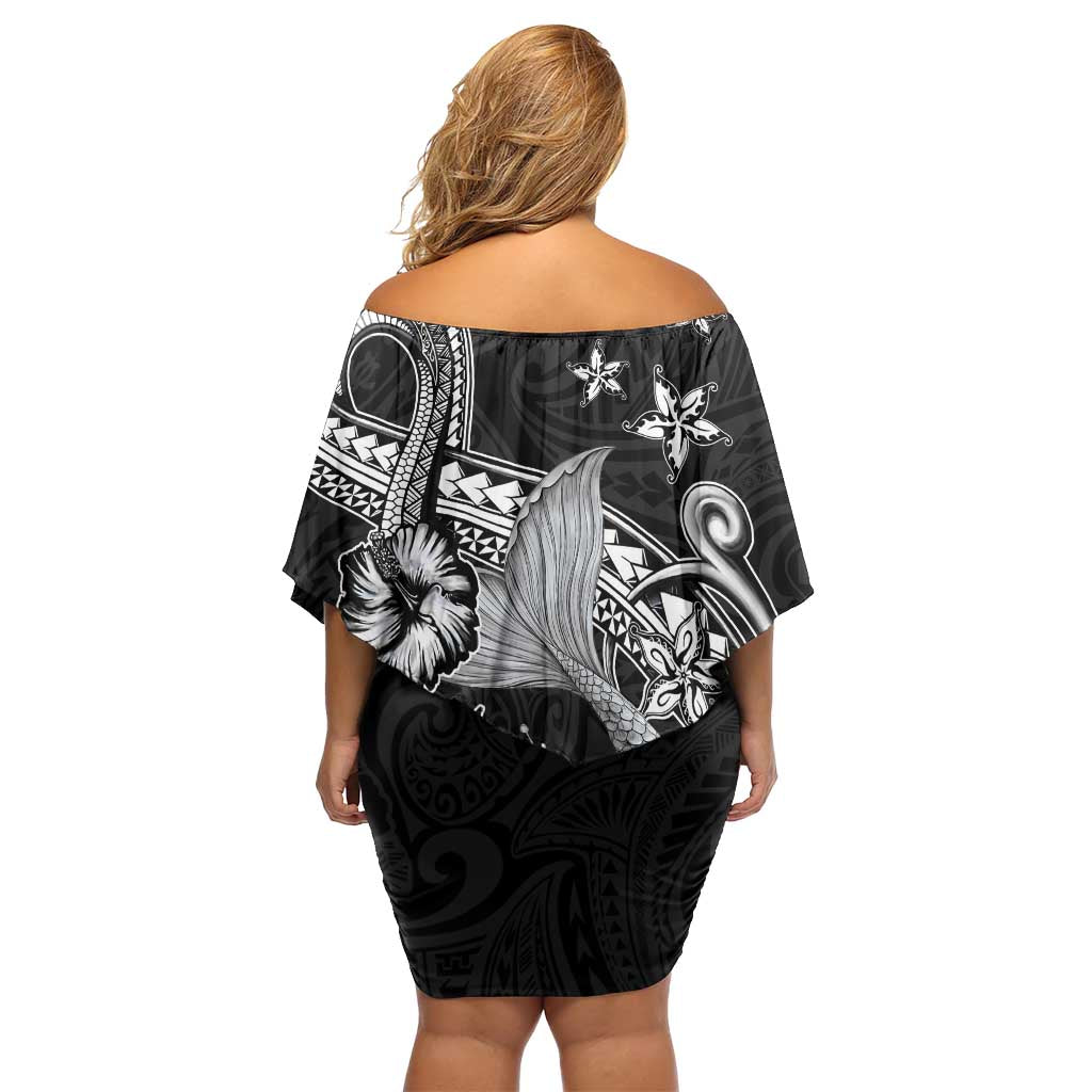 Hawaii Mermaid Monotone Off Shoulder Short Dress Polynesian Pattern Fish Hook