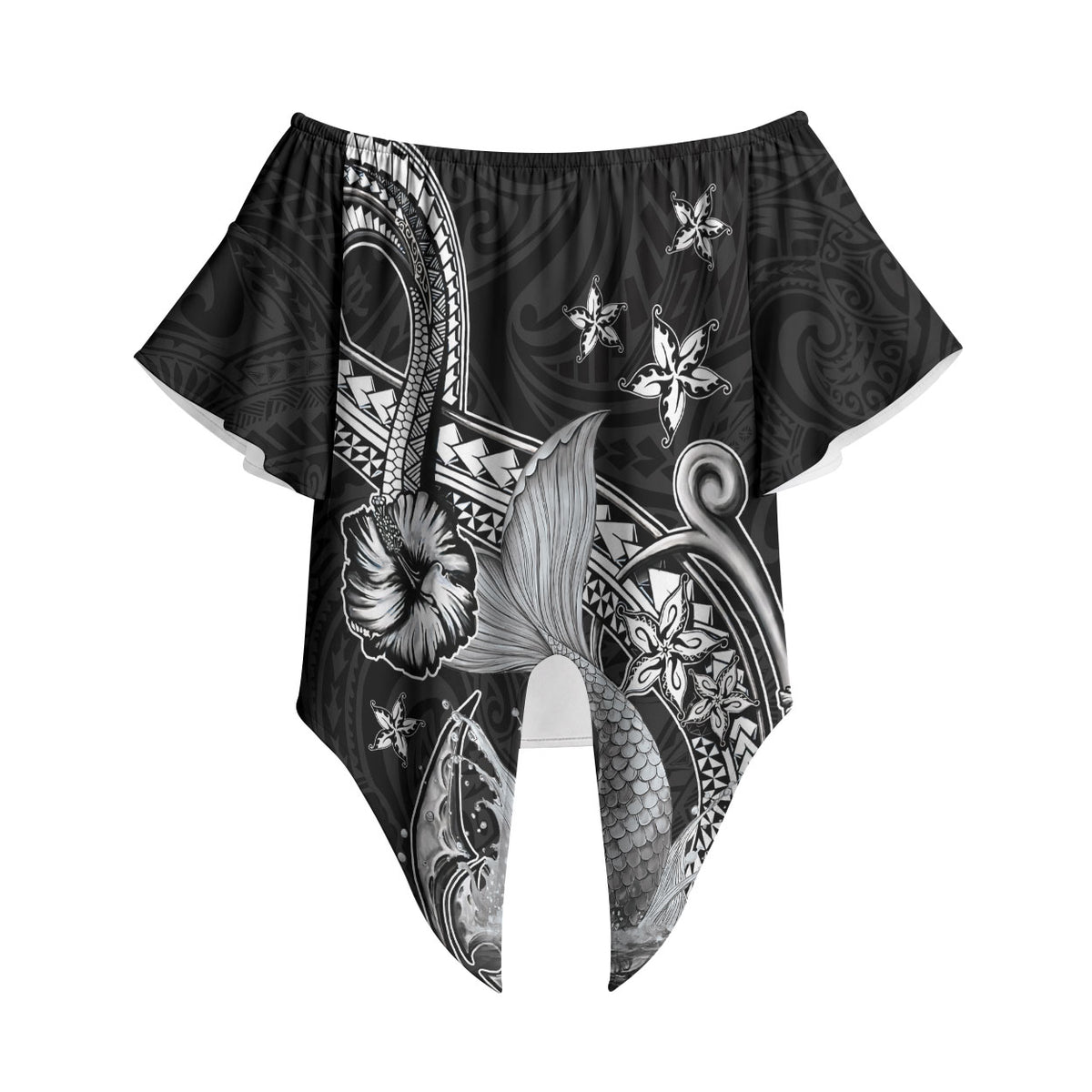 Hawaii Mermaid Monotone Off Shoulder Wrap Waist Top Polynesian Pattern Fish Hook LT01 Black - Polynesian Pride