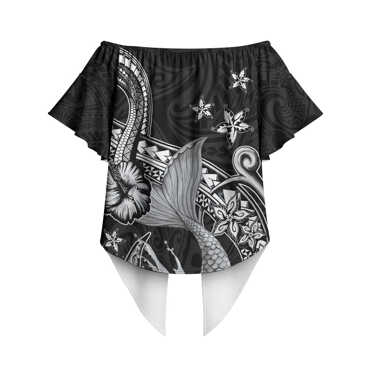 Hawaii Mermaid Monotone Off Shoulder Wrap Waist Top Polynesian Pattern Fish Hook LT01 - Polynesian Pride