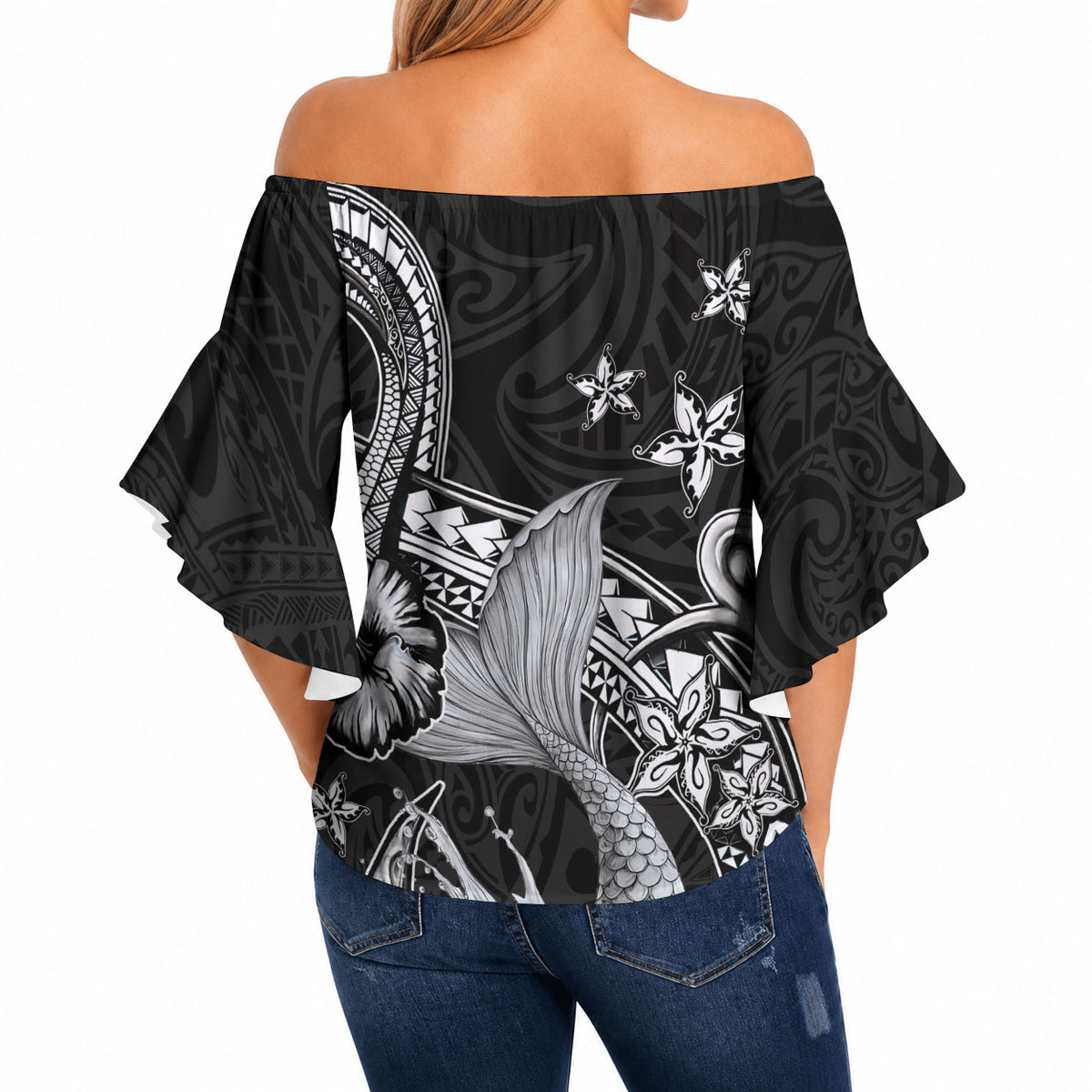 Hawaii Mermaid Monotone Off Shoulder Wrap Waist Top Polynesian Pattern Fish Hook LT01 - Polynesian Pride