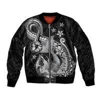 Hawaii Mermaid Monotone Sleeve Zip Bomber Jacket Polynesian Pattern Fish Hook
