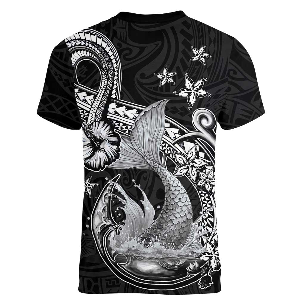 Hawaii Mermaid Monotone Women V-Neck T-Shirt Polynesian Pattern Fish Hook