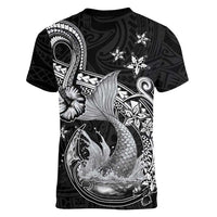 Hawaii Mermaid Monotone Women V-Neck T-Shirt Polynesian Pattern Fish Hook