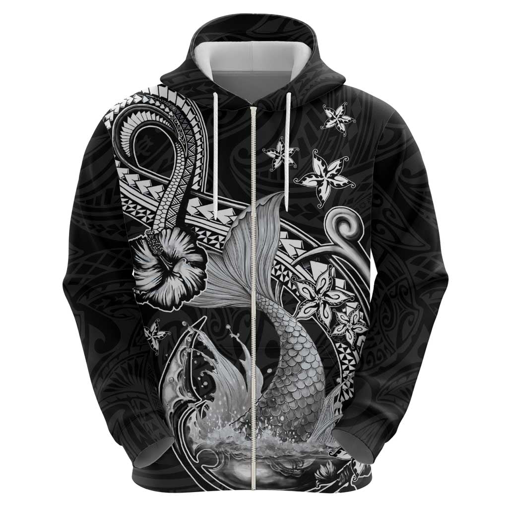 Hawaii Mermaid Monotone Zip Hoodie Polynesian Pattern Fish Hook