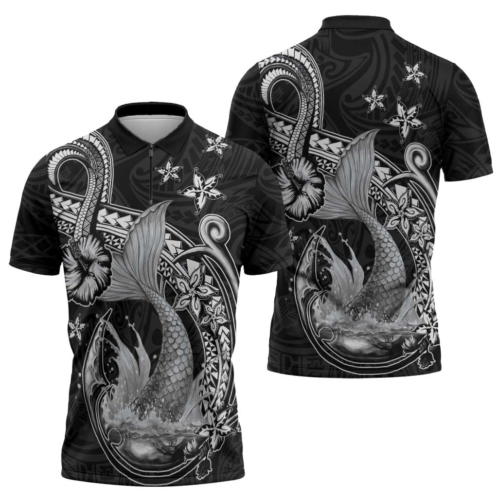 Hawaii Mermaid Monotone Zipper Polo Shirt Polynesian Pattern Fish Hook