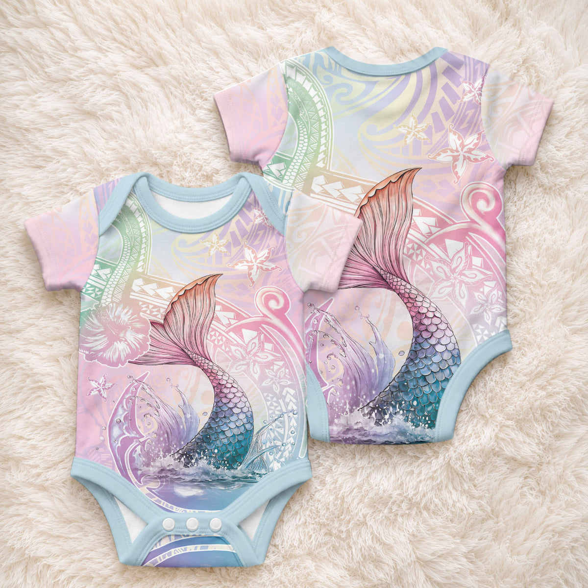 Hawaii Mermaid Sweet Pastel Baby Onesie Polynesian Pattern Fish Hook
