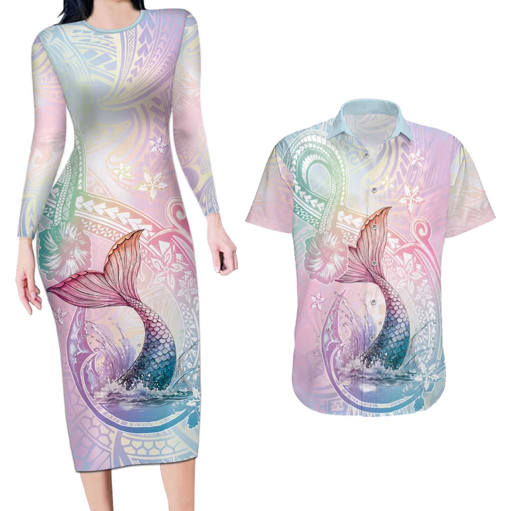 Hawaii Mermaid Sweet Pastel Couples Matching Long Sleeve Bodycon Dress and Hawaiian Shirt Polynesian Pattern Fish Hook