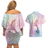 Hawaii Mermaid Sweet Pastel Couples Matching Off Shoulder Short Dress and Hawaiian Shirt Polynesian Pattern Fish Hook