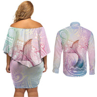 Hawaii Mermaid Sweet Pastel Couples Matching Off Shoulder Short Dress and Long Sleeve Button Shirt Polynesian Pattern Fish Hook