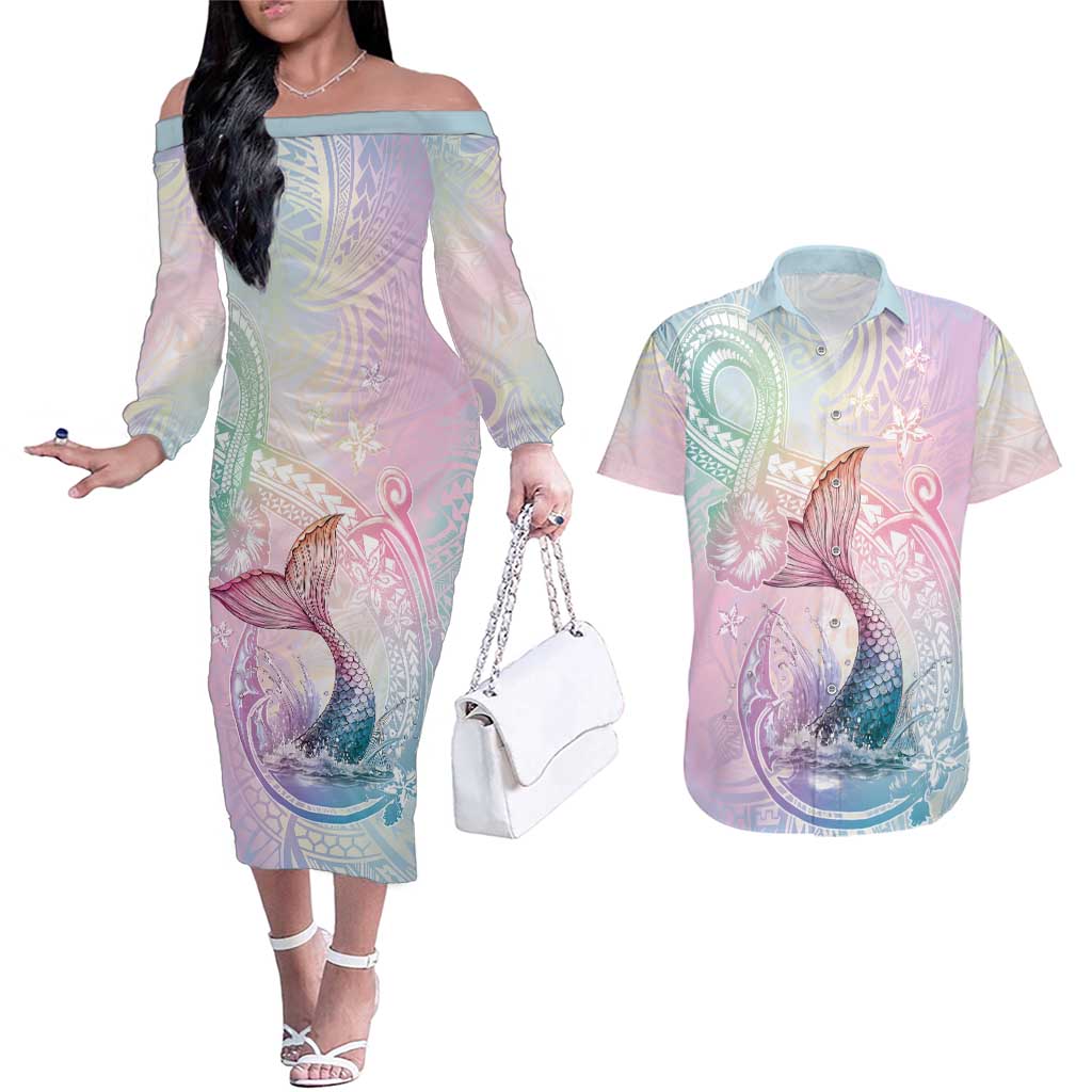 Hawaii Mermaid Sweet Pastel Couples Matching Off The Shoulder Long Sleeve Dress and Hawaiian Shirt Polynesian Pattern Fish Hook LT01 Multicolor - Polynesian Pride