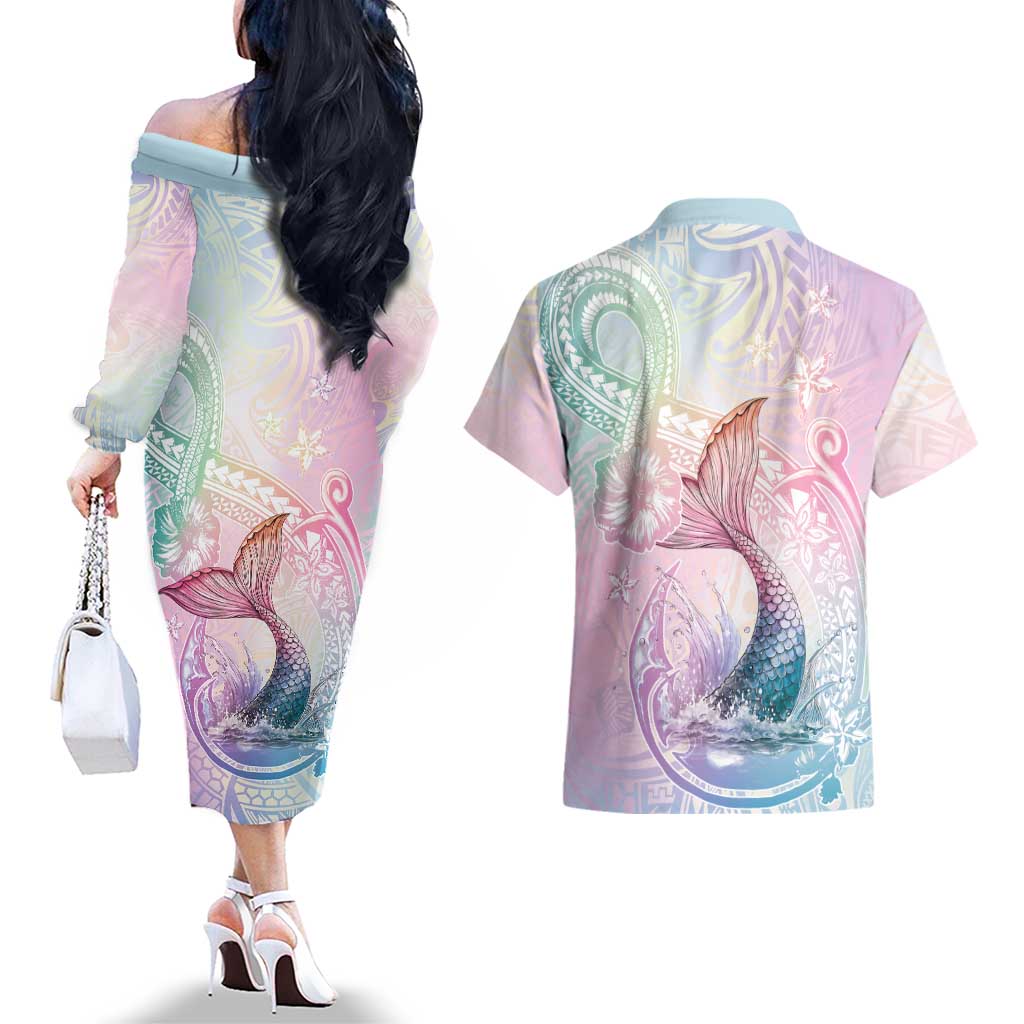 Hawaii Mermaid Sweet Pastel Couples Matching Off The Shoulder Long Sleeve Dress and Hawaiian Shirt Polynesian Pattern Fish Hook LT01 - Polynesian Pride