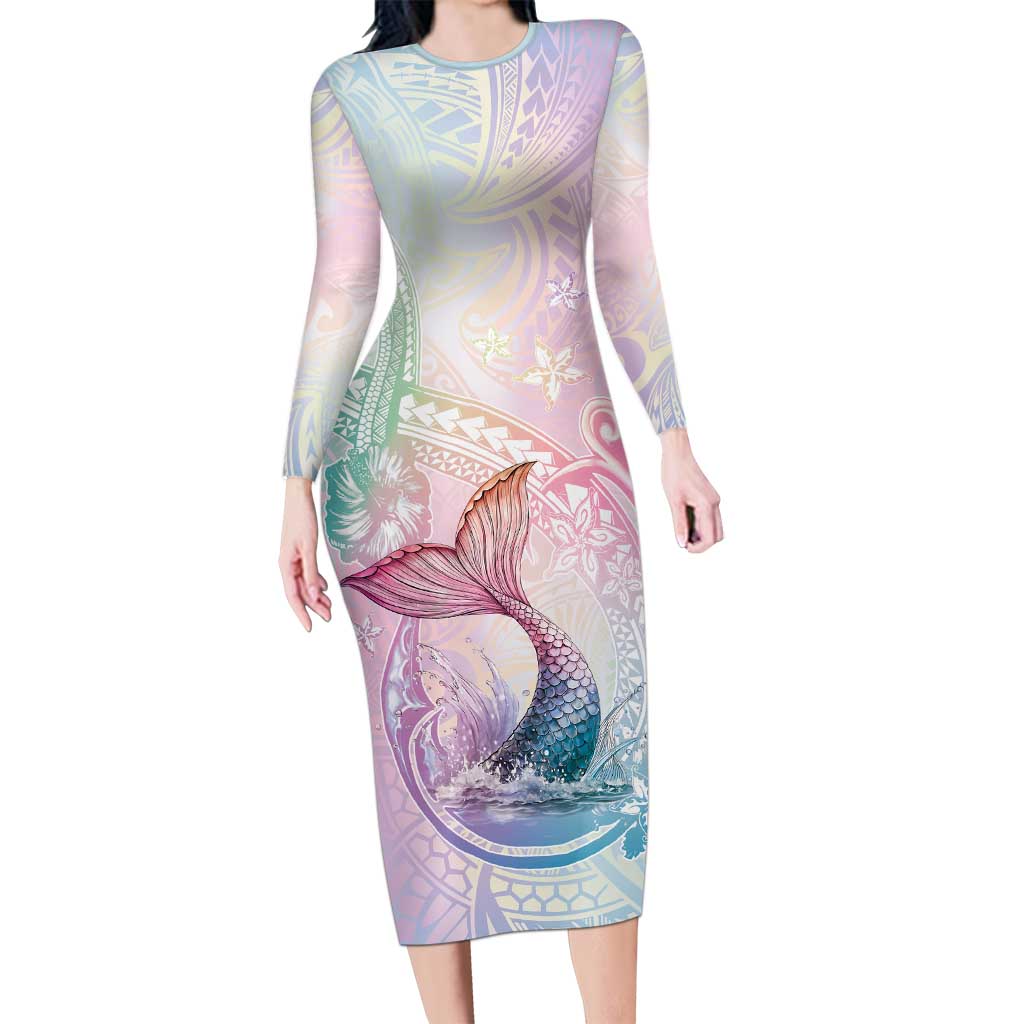 Hawaii Mermaid Sweet Pastel Family Matching Long Sleeve Bodycon Dress and Hawaiian Shirt Polynesian Pattern Fish Hook LT01 Mom's Dress Multicolor - Polynesian Pride