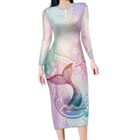 Hawaii Mermaid Sweet Pastel Family Matching Long Sleeve Bodycon Dress and Hawaiian Shirt Polynesian Pattern Fish Hook LT01 Mom's Dress Multicolor - Polynesian Pride