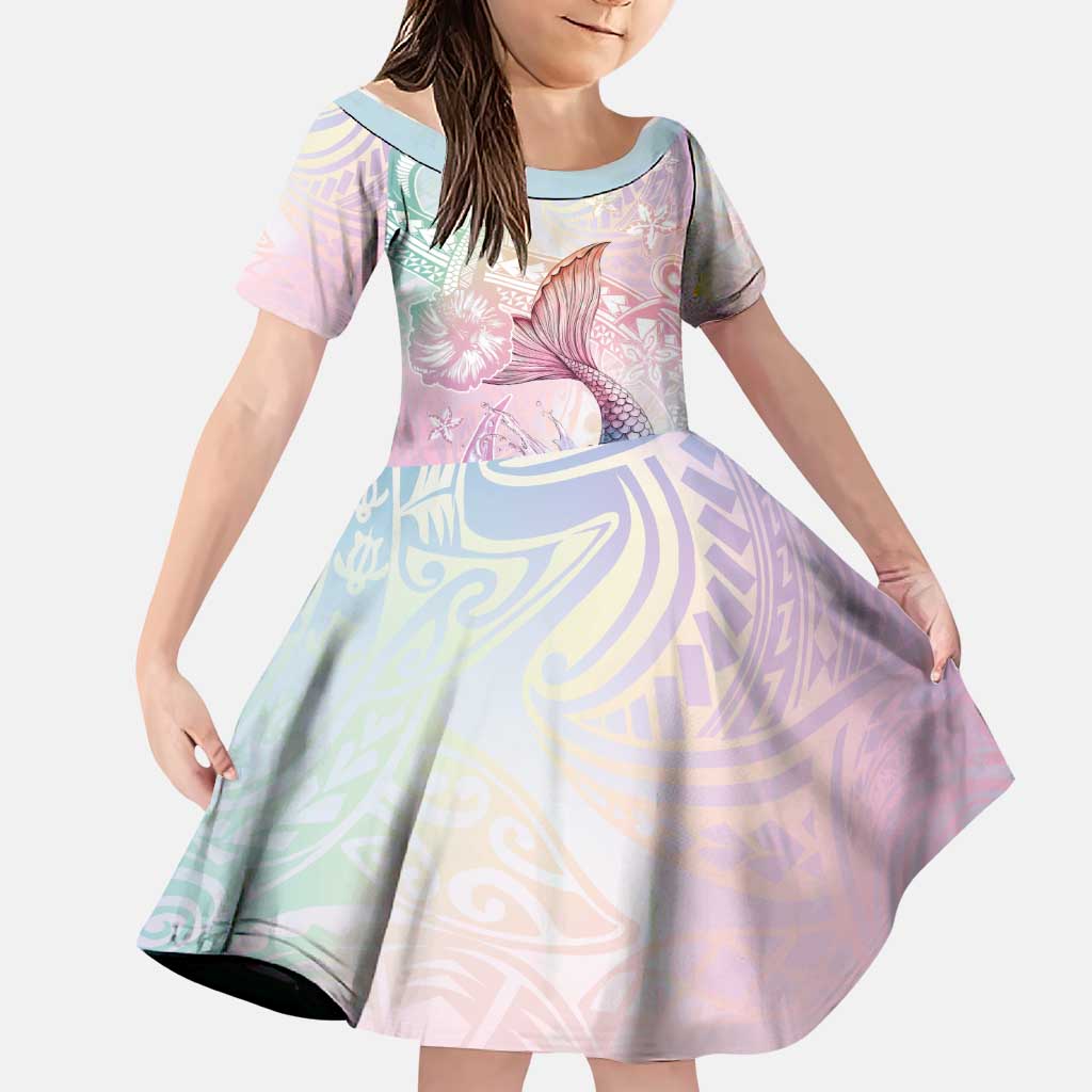 Hawaii Mermaid Sweet Pastel Family Matching Mermaid Dress and Hawaiian Shirt Polynesian Pattern Fish Hook LT01 Daughter's Dress Multicolor - Polynesian Pride