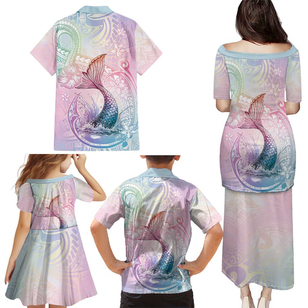 Hawaii Mermaid Sweet Pastel Family Matching Puletasi and Hawaiian Shirt Polynesian Pattern Fish Hook
