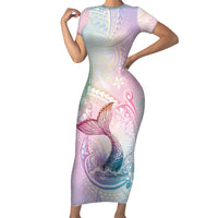Hawaii Mermaid Sweet Pastel Family Matching Short Sleeve Bodycon Dress and Hawaiian Shirt Polynesian Pattern Fish Hook LT01 Mom's Dress Multicolor - Polynesian Pride