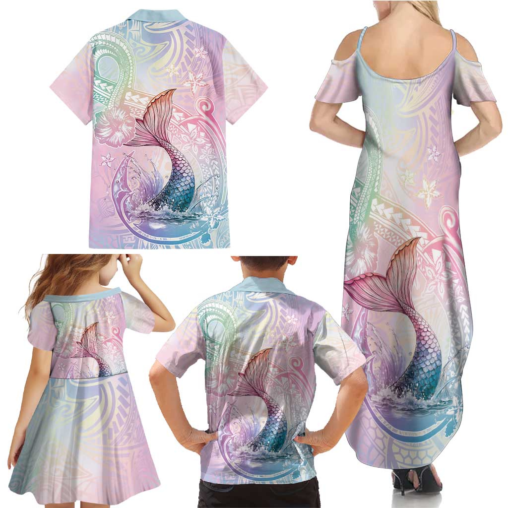 Hawaii Mermaid Sweet Pastel Family Matching Summer Maxi Dress and Hawaiian Shirt Polynesian Pattern Fish Hook LT01 - Polynesian Pride